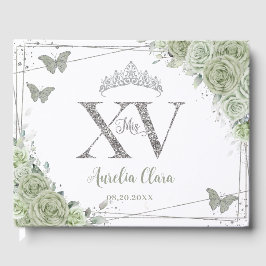 Sage Green Floral Butterflies Silver Quinceañera Gastenboek