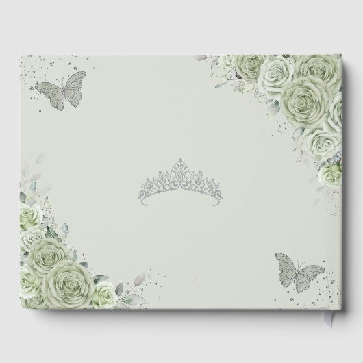 Sage Green Floral Butterflies Silver Quinceañera Gastenboek (Achterkant)