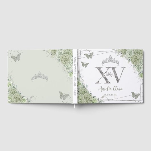 Sage Green Floral Butterflies Silver Quinceañera Gastenboek (Volledig)