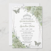 Sage Green Floral Butterflies Silver Quinceañera Kaart (Voorkant)