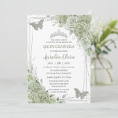 Sage Green Floral Butterflies Silver Quinceañera Kaart (Staand voorkant)