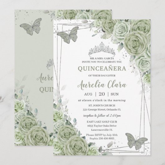 Sage Green Floral Butterflies Silver Quinceañera Kaart (Voorkant / Achterkant)