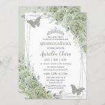 Sage Green Floral Butterflies Silver Quinceañera Kaart<br><div class="desc">Deze chic Quinceañera-uitnodiging is voorzien van een zilveren glitter geometrisch lijst, geadorbeerd door een delicaat waterverf, groene bloem, zachte besmeurij en sage en zilvervlinders. Pas het met uw details gemakkelijk en snel aan, druk eenvoudig de pas het knoop aan om de stijl en de plaatsing van de tekst verder te...</div>