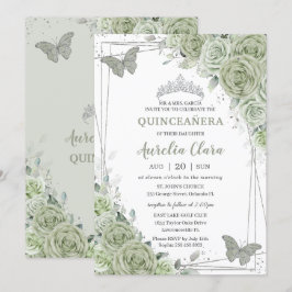 Sage Green Floral Butterflies Silver Quinceañera Kaart