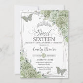 Sage Green Floral Butterflies Silver Sweet Sixteen Kaart (Voorkant)