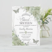 Sage Green Floral Butterflies Silver Sweet Sixteen Kaart (Staand voorkant)