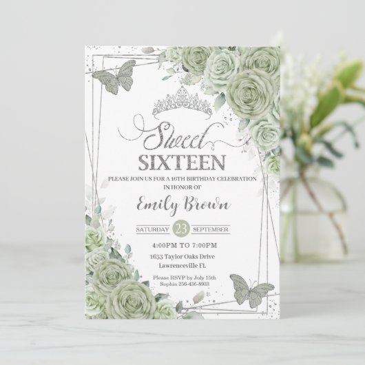 Sage Green Floral Butterflies Silver Sweet Sixteen Kaart (Staand voorkant)