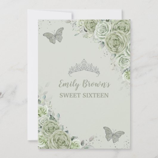 Sage Green Floral Butterflies Silver Sweet Sixteen Kaart (Achterkant)