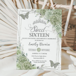 Sage Green Floral Butterflies Silver Sweet Sixteen Kaart
