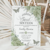 Sage Green Floral Butterflies Silver Sweet Sixteen Kaart