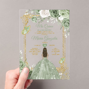 Sage Green Floral Butterfly Gold Lijst Mis Quince Acryl Uitnodigingen
