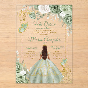 Sage Green Floral Butterfly Gold Lijst Mis Quince Acryl Uitnodigingen