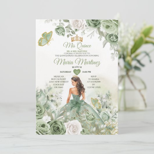 Sage Green Floral Butterfly Princess Mis Quince Kaart (Staand voorkant)