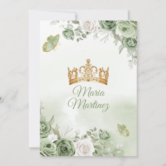 Sage Green Floral Butterfly Princess Mis Quince Kaart (Achterkant)