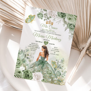 Sage Green Floral Butterfly Princess Mis Quince Kaart