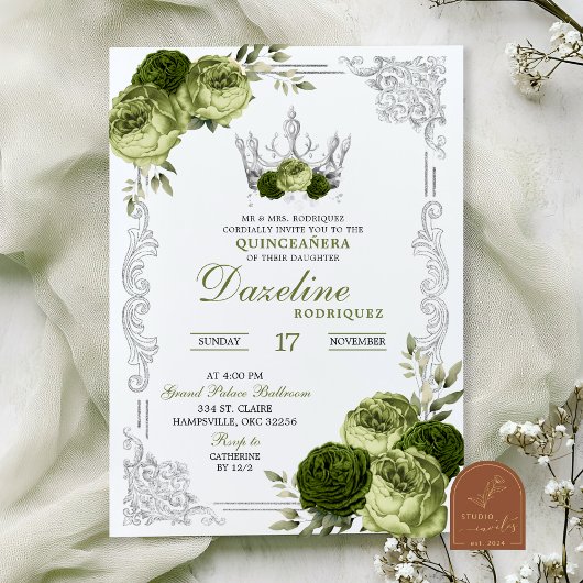 Sage Green Floral Butterfly Quinceanera Kaart