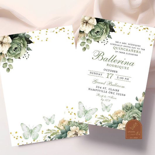 Sage Green Floral Butterfly Quinceanera Kaart