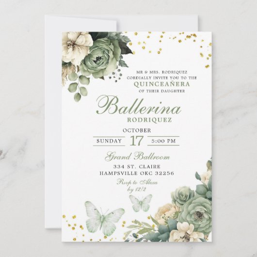 Sage Green Floral Butterfly Quinceanera Kaart (Voorkant)