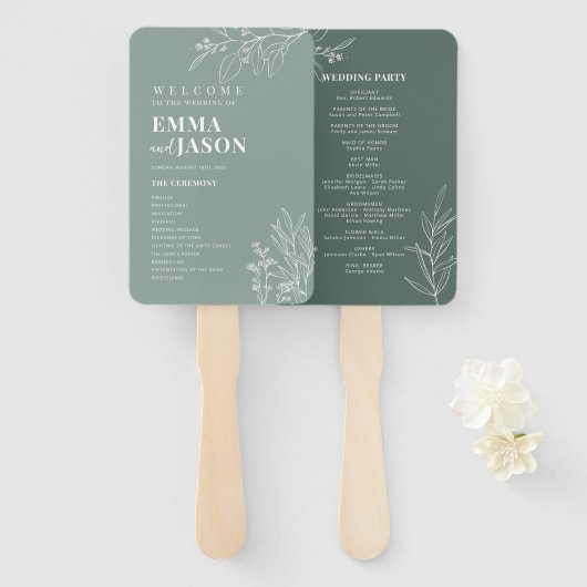 Sage Green Floral Ceremony Programme Hand Fan Handwaaier (Voorkant en achterkant)