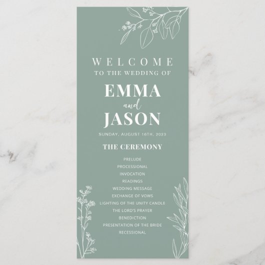 Sage Green Floral Ceremony Programme Menu (Voorkant)