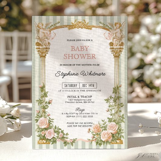 Sage Green Floral Cherub Baby Shower  Kaart