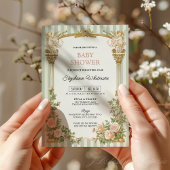 Sage Green Floral Cherub Baby Shower  Kaart