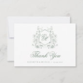 Sage Green Floral Crest Monogram Elegante Huwelijk Bedankkaart (Voorkant)