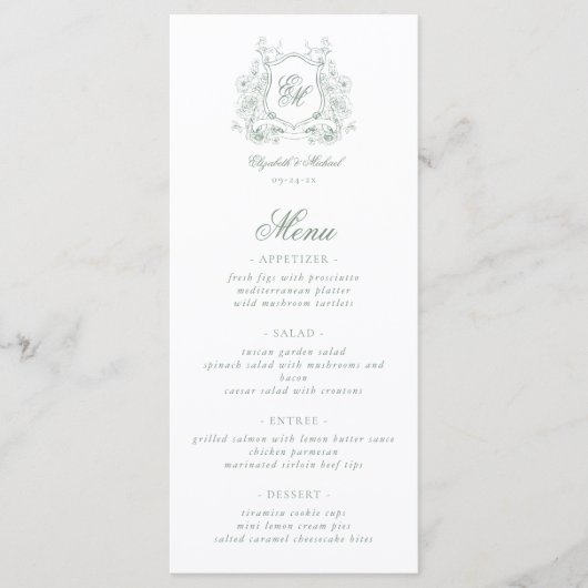 Sage Green Floral Crest Monogram Elegante Huwelijk Menu (Voorkant)