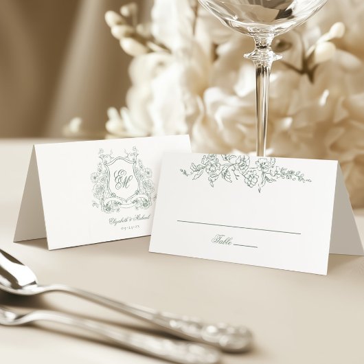 Sage Green Floral Crest Monogram Elegante Huwelijk Plaatskaartje