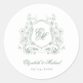 Sage Green Floral Crest Monogram Elegante Huwelijk Ronde Sticker (Voorkant)