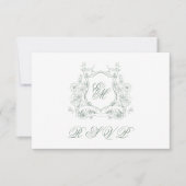 Sage Green Floral Crest Monogram Elegante Huwelijk RSVP Kaartje (Voorkant)