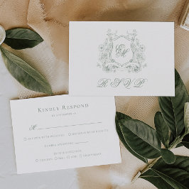 Sage Green Floral Crest Monogram Elegante Huwelijk RSVP Kaartje