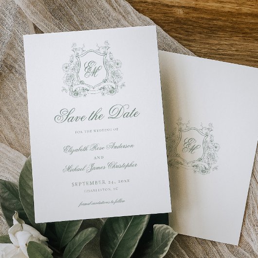 Sage Green Floral Crest Monogram Elegante Huwelijk Save The Date