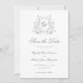 Sage Green Floral Crest Monogram Elegante Huwelijk Save The Date (Voorkant)