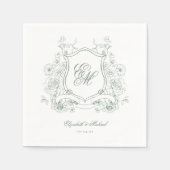 Sage Green Floral Crest Monogram Elegante Huwelijk Servet (Voorkant)