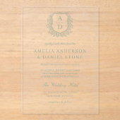 Sage Green Floral Crest Monogram Huwelijk Acryl Uitnodigingen (Voorkant)