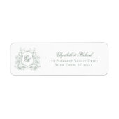 Sage Green Floral Crest Monogram Trouwadres Etiket (Voorkant)