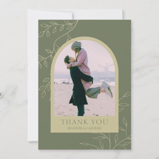 Sage Green Floral Custom Add Photo Lijst Weddensch Bedankkaart (Voorkant)