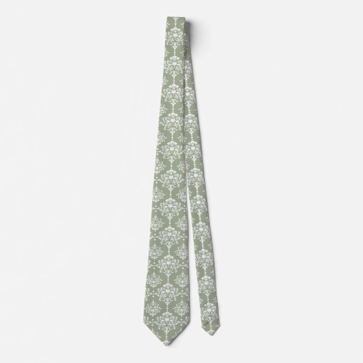 Sage Green Floral Damask Pattern Groomsmen Wedding Stropdas (Voorkant)