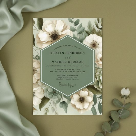 Sage Green Floral Elegance Wedding Kaart