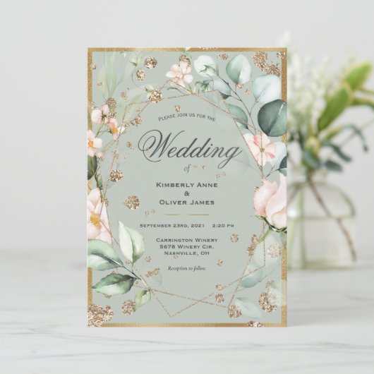 Sage Green Floral Elegant Gold Waterverf Wedding Kaart (Staand voorkant)
