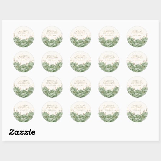 Sage Green Floral Elegant Quinceanera Ronde Sticker (Vel)