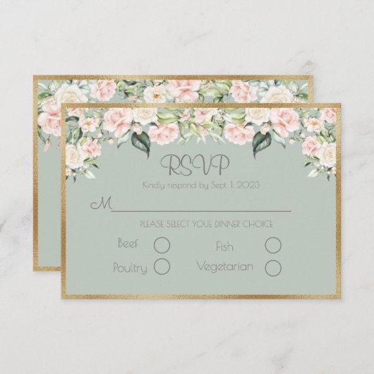 Sage Green Floral Elegant Script Weddding RSVP Kaartje (Voorkant / Achterkant)
