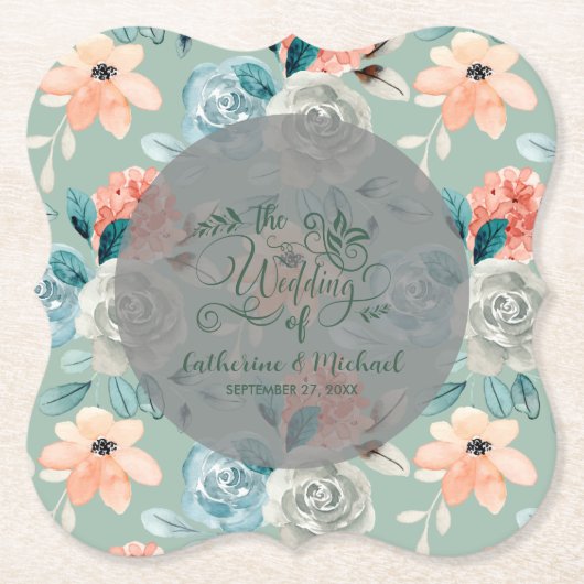Sage Green Floral Elegant Wedding Calligraphy Kartonnen Onderzetters (Voorkant)