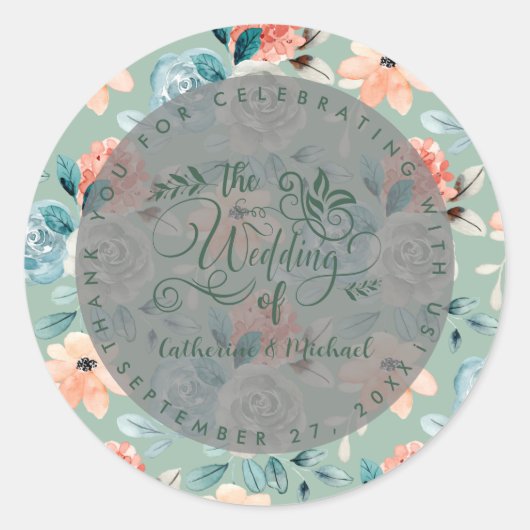 Sage Green Floral Elegant Wedding Calligraphy Ronde Sticker (Voorkant)