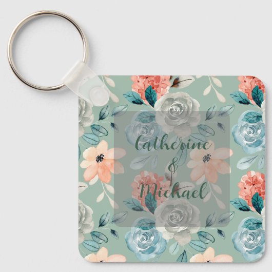 Sage Green Floral Elegant Wedding Calligraphy Sleutelhanger (Voorkant)