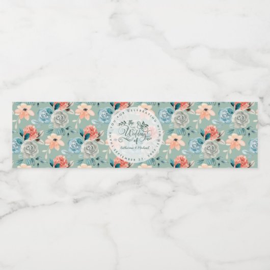 Sage Green Floral Elegant Wedding Calligraphy Waterfles Etiket (Enkel label)