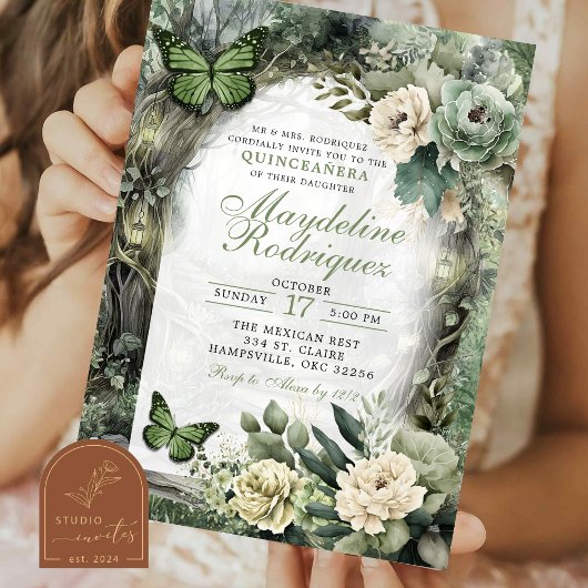 Sage Green Floral Enchanted Forest Quinceanera Kaart