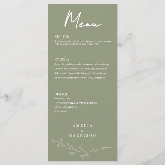 Sage Green Floral Formele Elegante Huwelijk Menu (Voorkant)