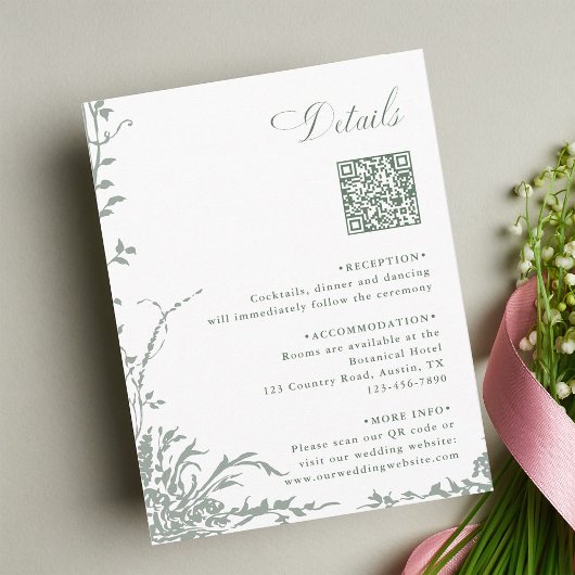 Sage Green Floral Garden Wedding QR Code Details Informatiekaartje